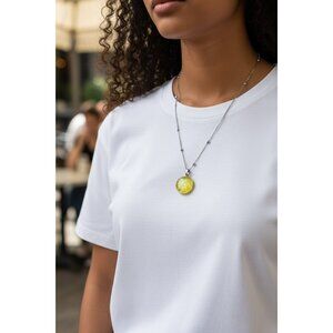 Yellow Swirl Planet Pendant Necklace – Silver Beaded Chain, Abstract Art Jewelry